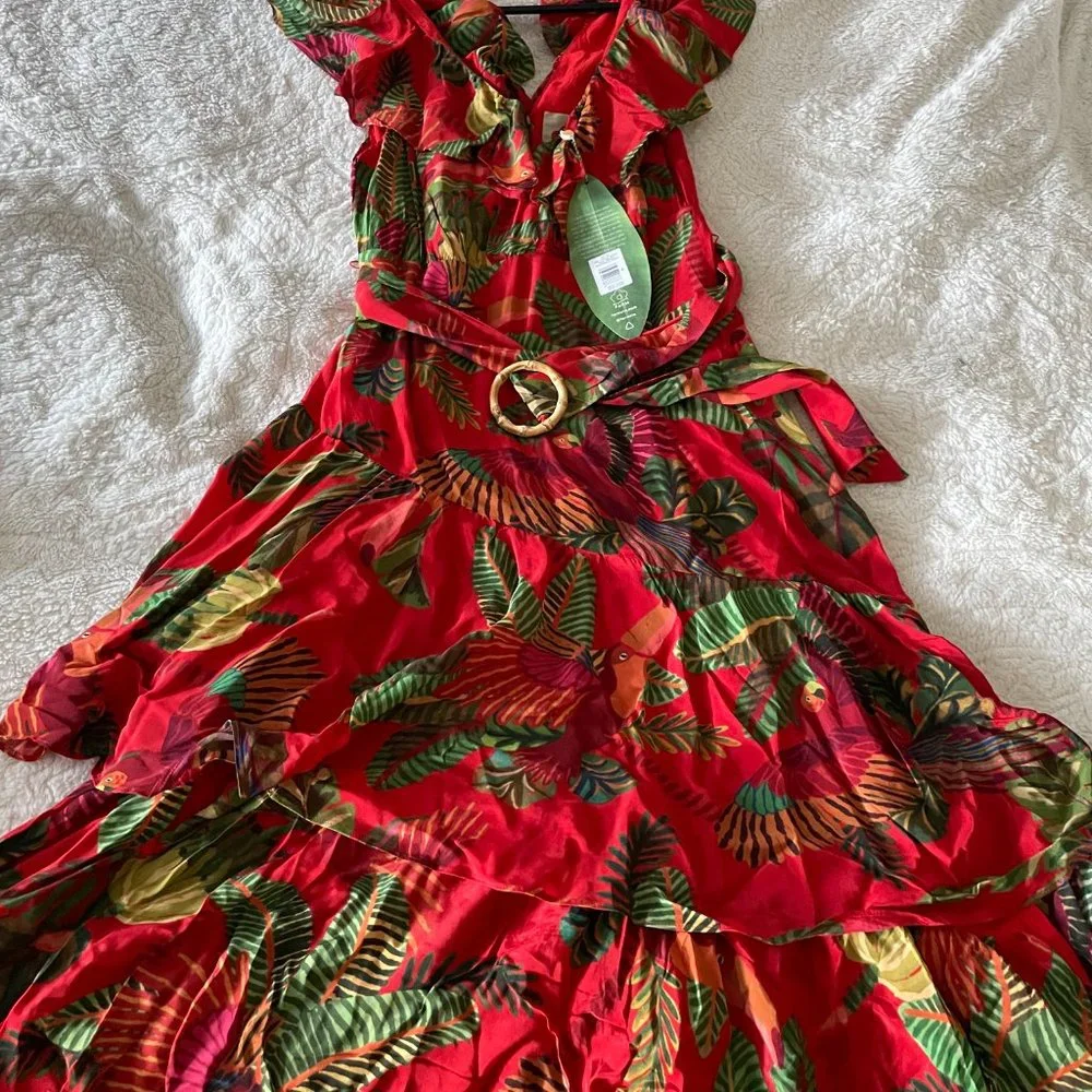 FARM Rio Red Tropical Leaf Midi Dress with Green Accents - Picture 4 of 6